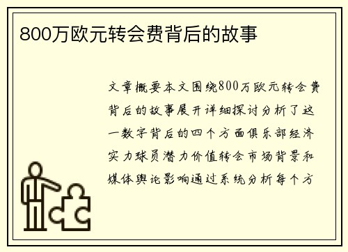 800万欧元转会费背后的故事